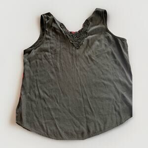 Vintage 1990s Black Lace Tank Top Embellished Made in USA Sleeveless Boho